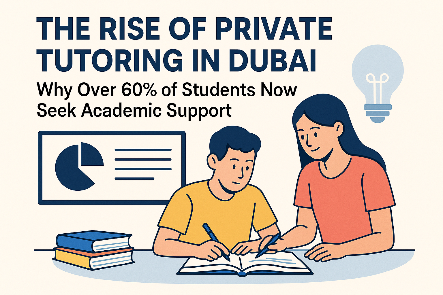 An illustration showing the rise of private tutoring in Dubai, with a student and teacher working together and a chart in the background.