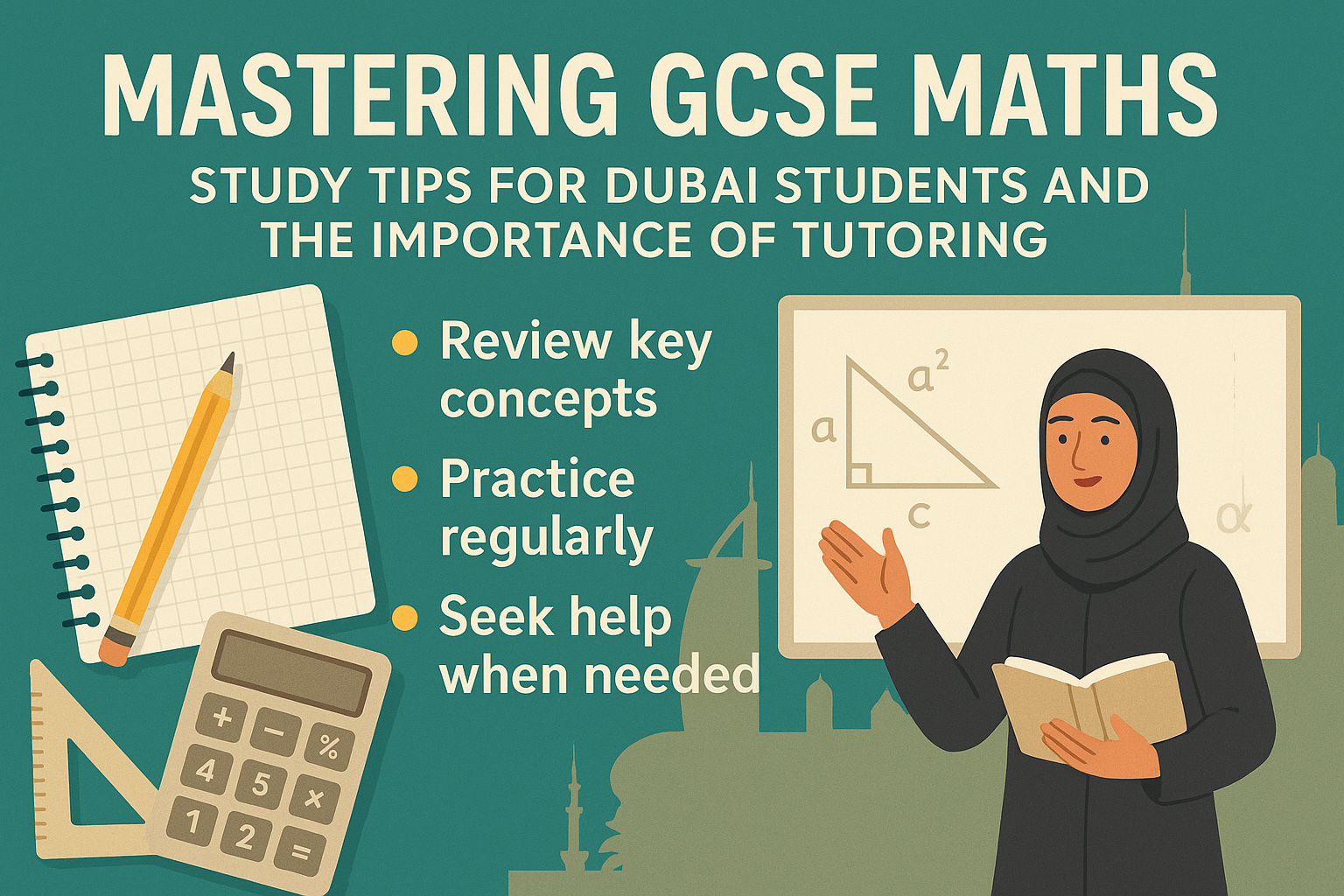 GCSE maths study tips for Dubai students with a teacher explaining concepts and math tools like calculator, ruler, and books.