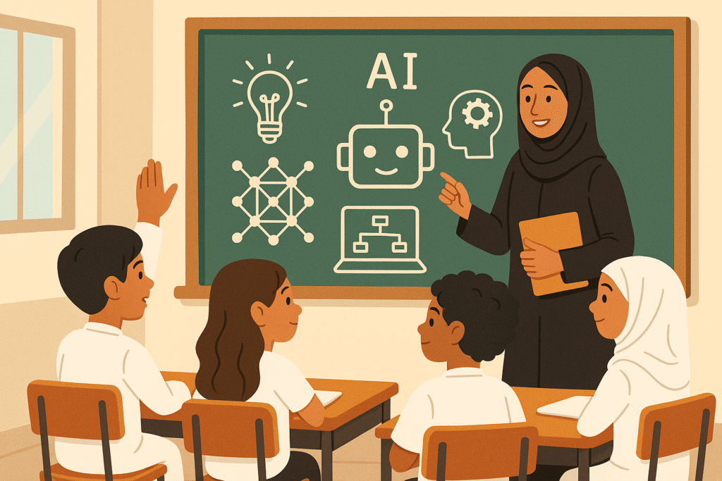 Teacher explaining AI concepts in a classroom, with students learning about artificial intelligence, machine learning, and robotics.