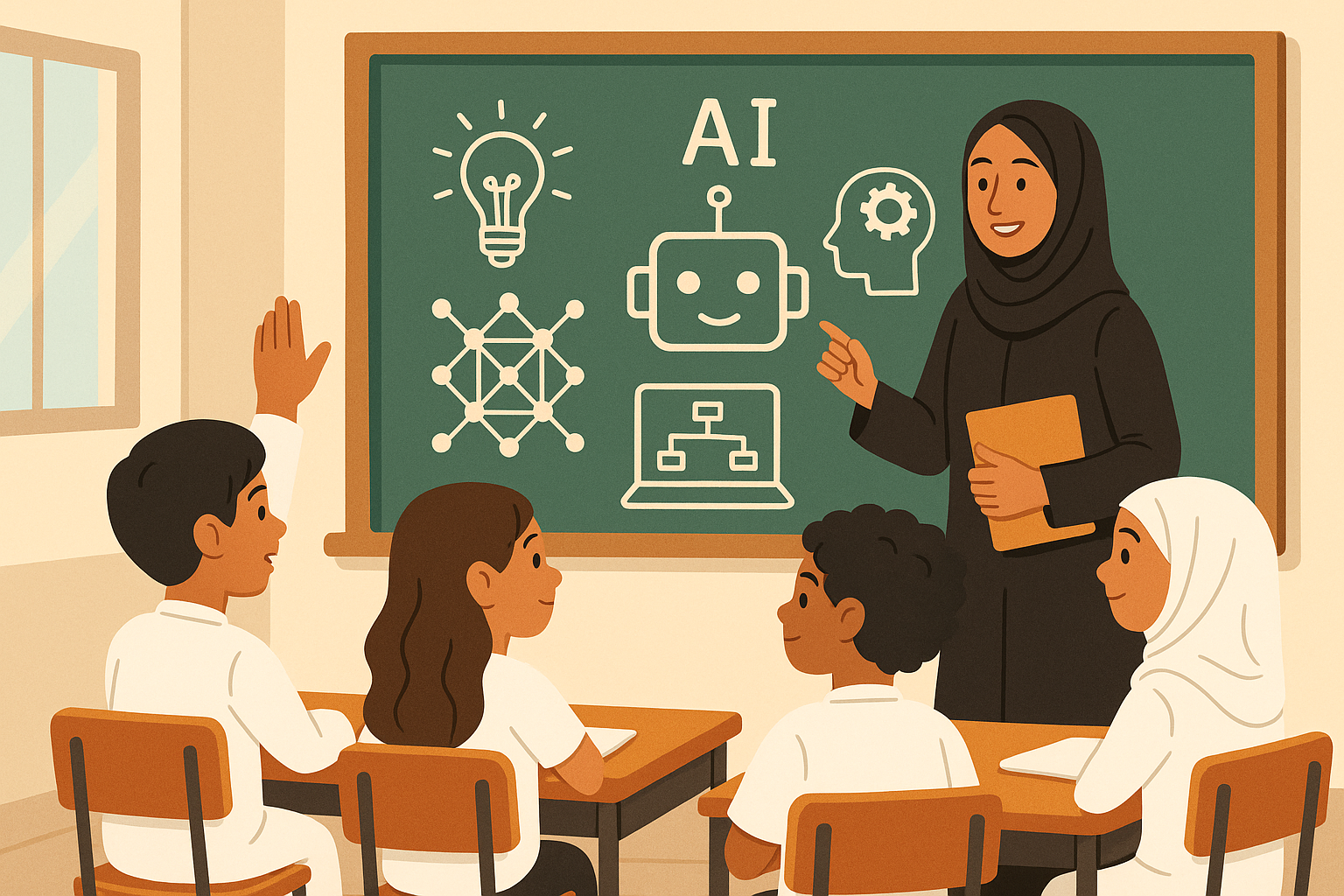 Teacher explaining AI concepts in a classroom, with students learning about artificial intelligence, machine learning, and robotics.