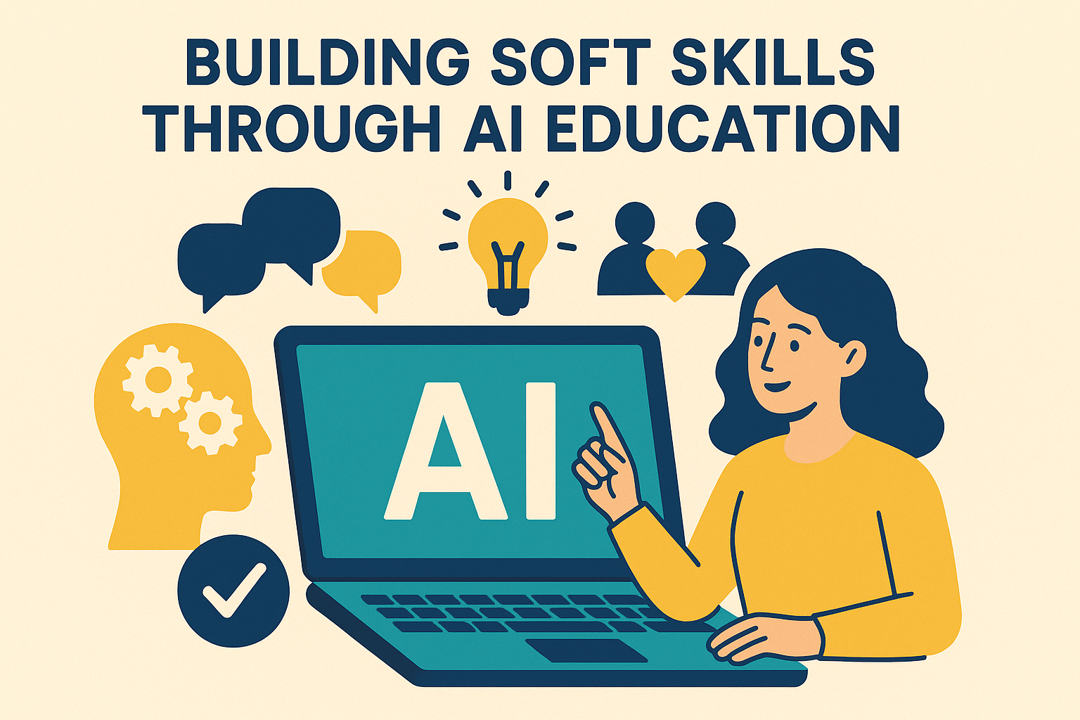 Illustration of a student learning AI on a laptop with icons representing communication, ideas, teamwork, and cognitive skills