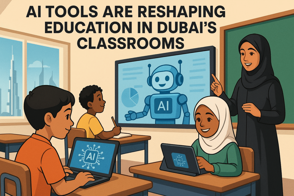 Students using laptops with AI tools in a Dubai classroom while a teacher explains AI on a smart board.