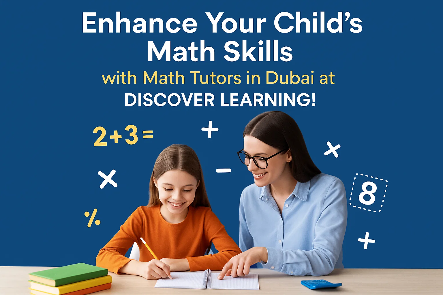 Math tutor and student working together on a math notebook with math symbols like +, -, x, % in the background.