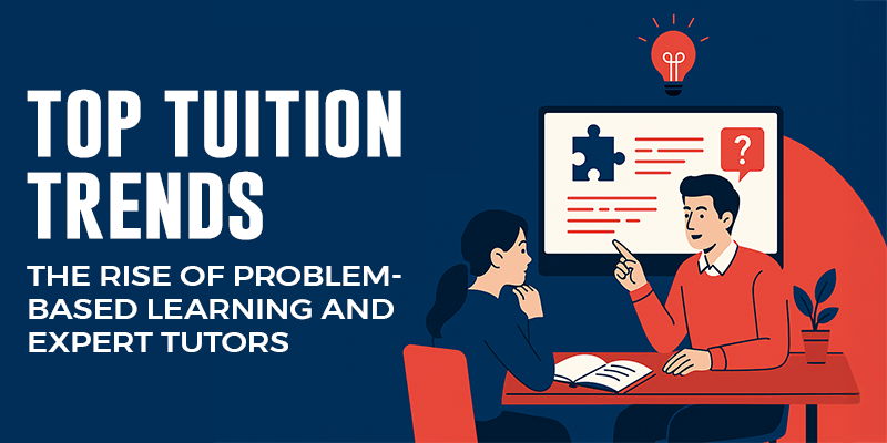 Tutor explaining a concept with a puzzle illustration on screen, emphasizing problem-based learning and modern tuition strategies.