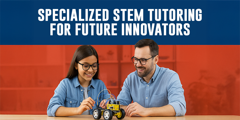 Student and tutor working together on a robotics project, showcasing the importance of STEM tutoring for young innovators.