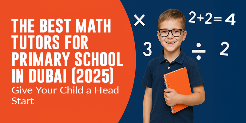 Smiling young boy holding a notebook with math symbols in the background, promoting primary school math tutoring in Dubai.