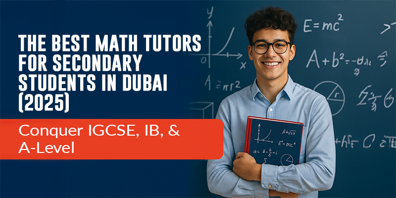 Confident student holding a math notebook with formulas on a chalkboard behind him, representing secondary math tutoring in Dubai.
