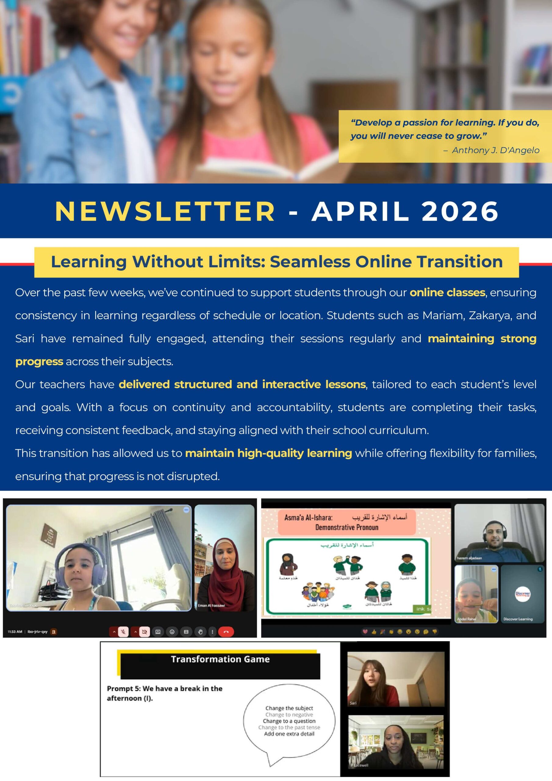 Newsletter cover for April 2026 with a blue title strip and yellow callouts, showing two students reading in a library.