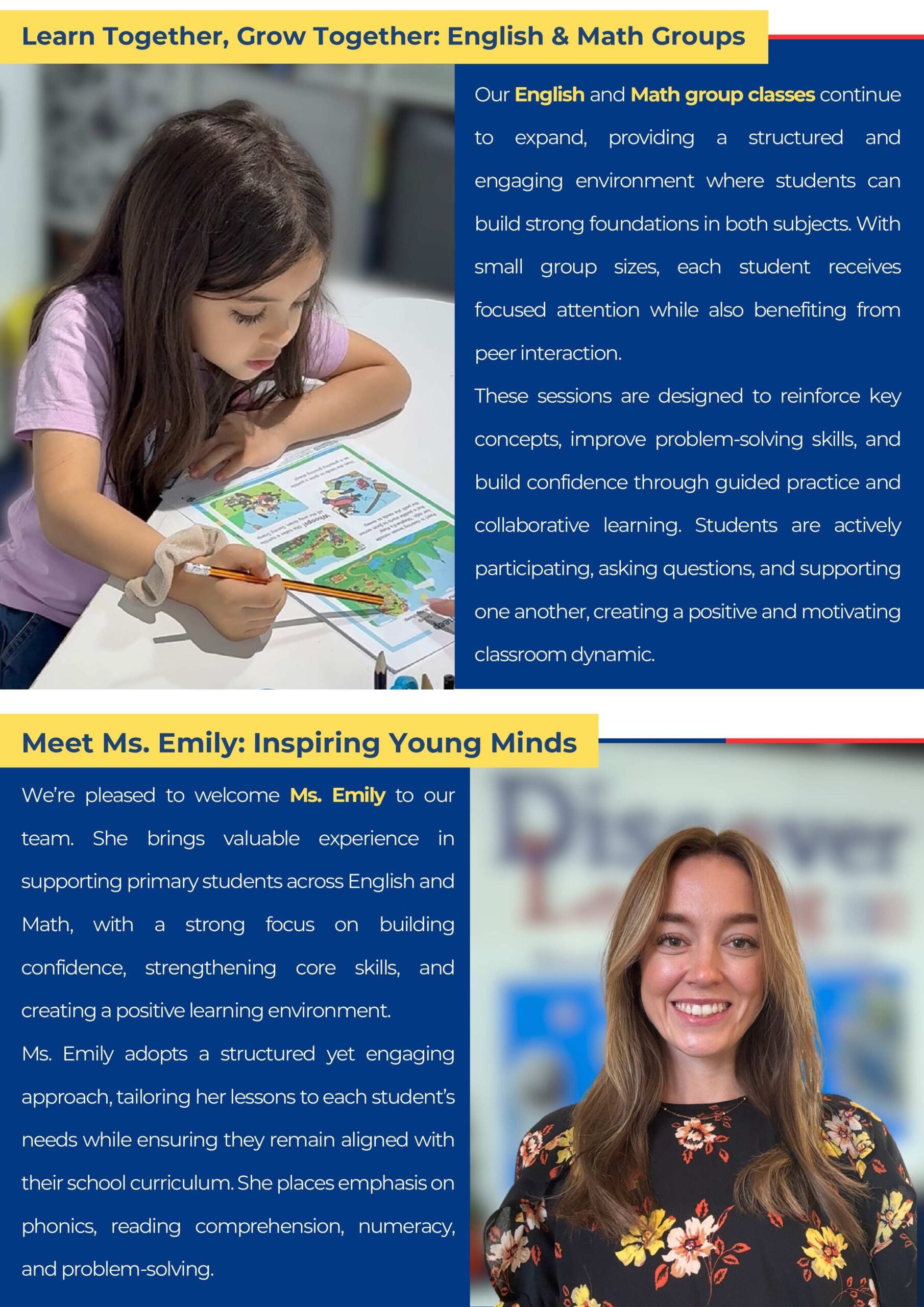 Girl drawing with a pencil at a table beside a blue text panel about English and Math groups.