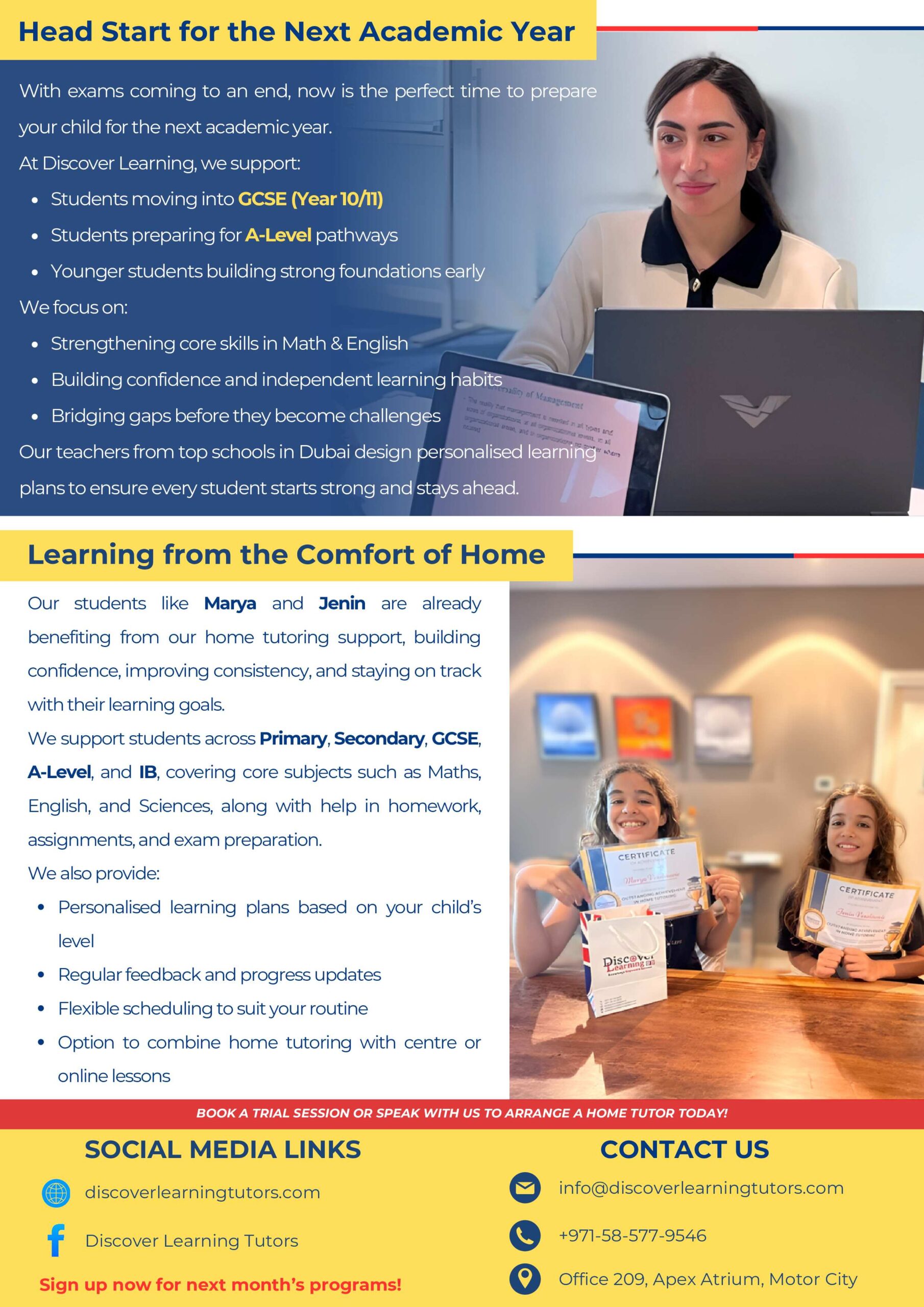 Promotional tutoring infographic: headline 'Head Start for the Next Academic Year' with a student at a laptop, then 'Learning from the Comfort of Home' and contact info at bottom.