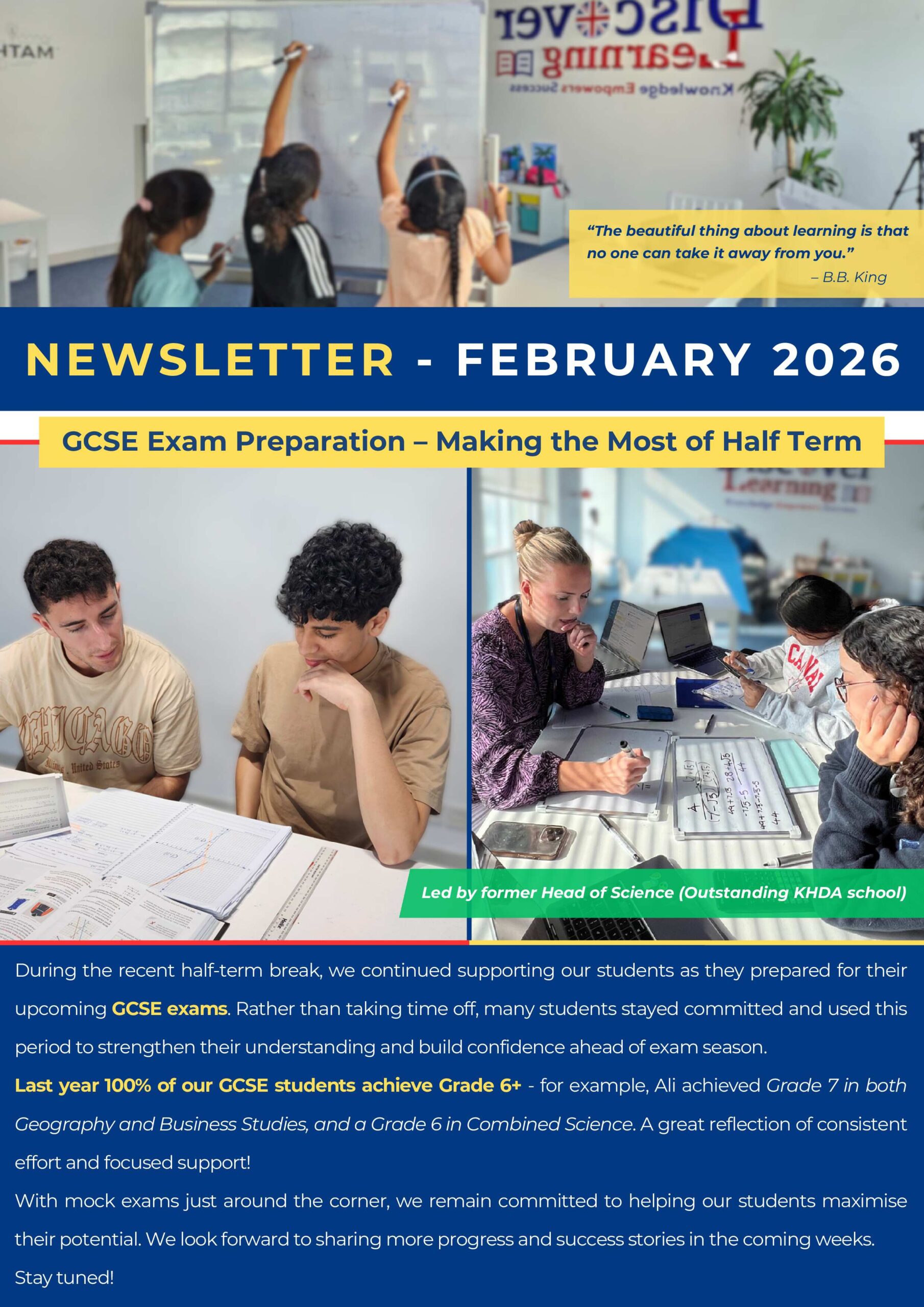 Collage-style image of students studying: left page with worksheets, center group at a table, and a blue header reading 'NEWSLETTER - FEBRUARY 2026' with a yellow banner 'GCSE Exam Preparation'.