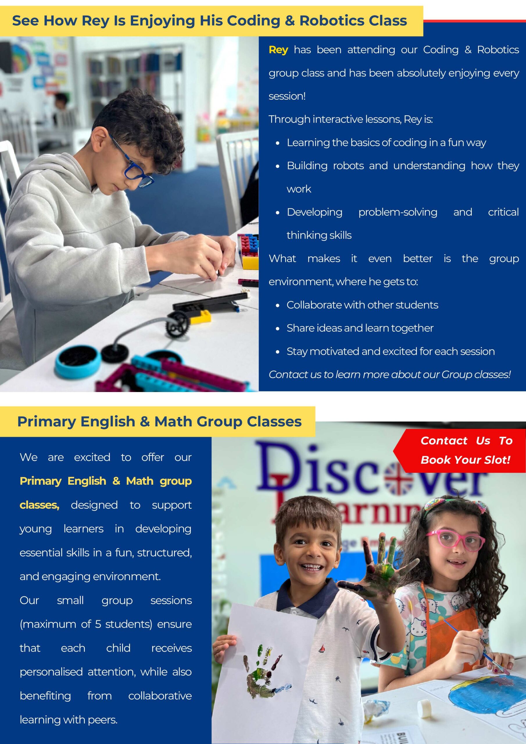 Boy with blue glasses drawing at a table in a classroom; the right side shows a blue information panel about coding and robotics classes.