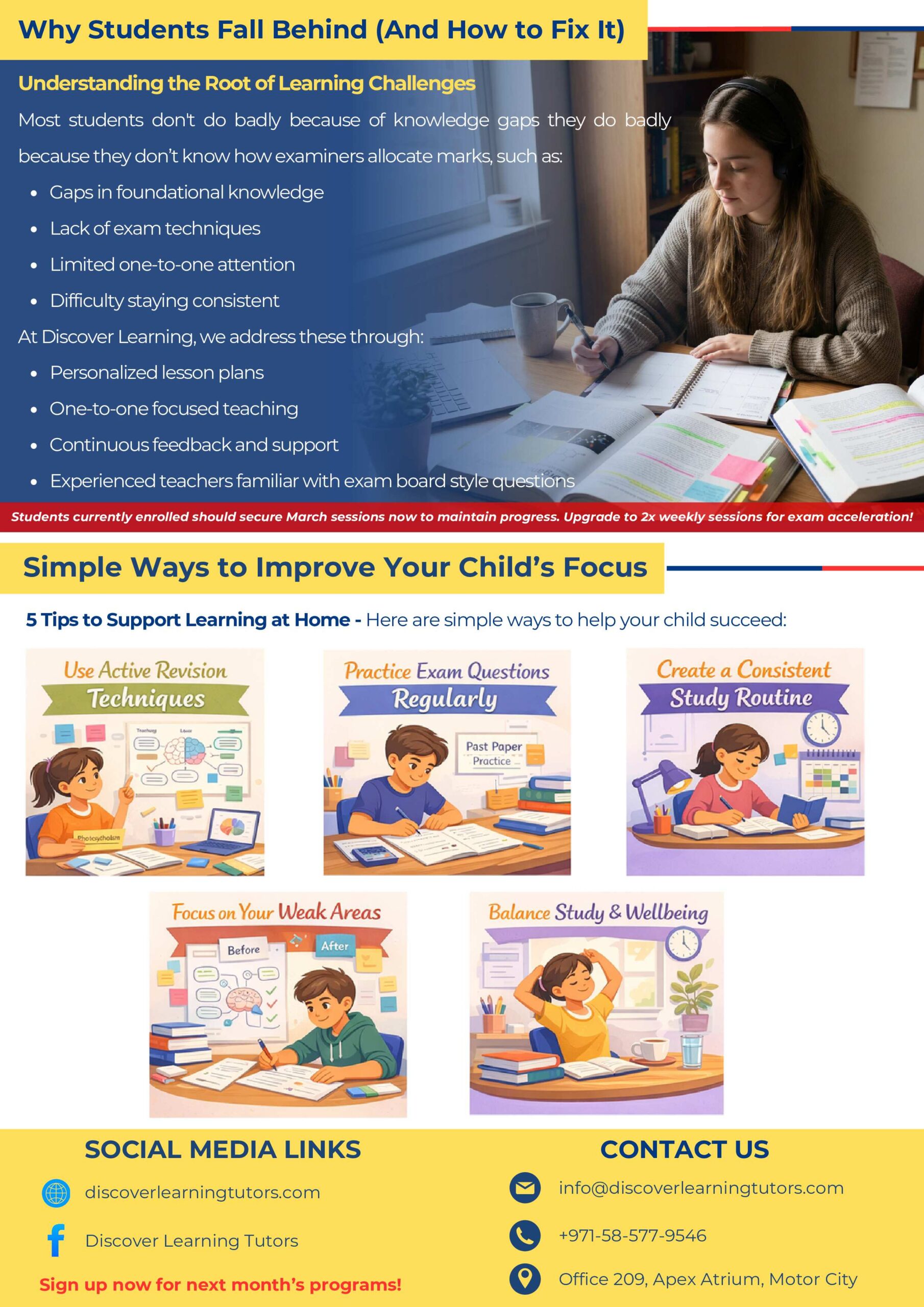 Infographic banner about reasons students fall behind; shows a student studying with notes and tips nearby.