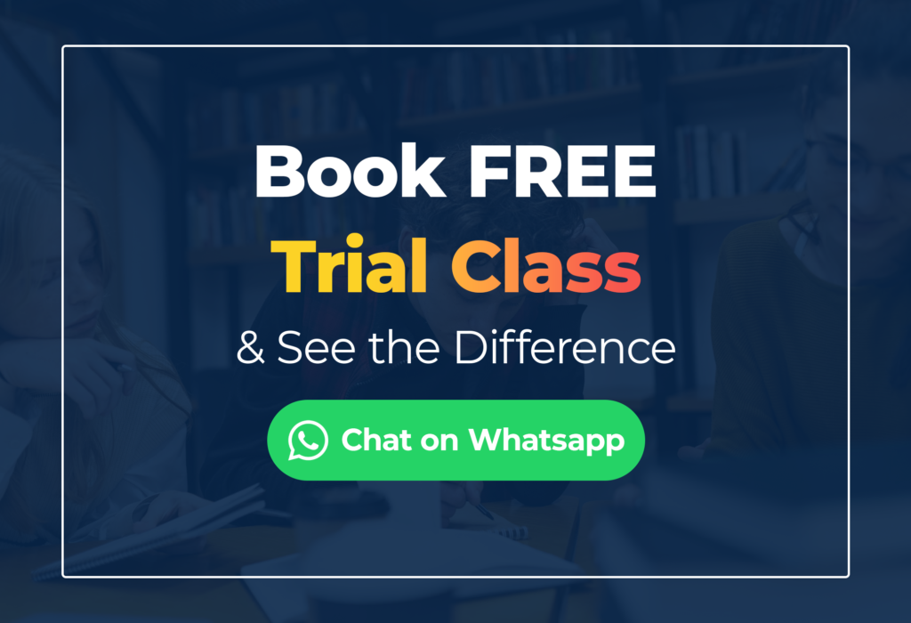 Promo hero banner offering a free trial class with a WhatsApp chat button and bold white/orange text