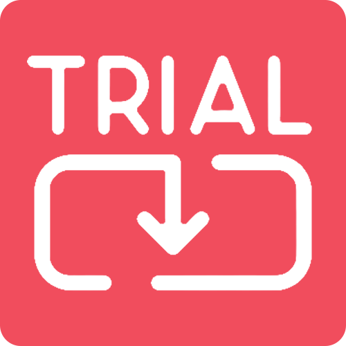 Red banner with white 'TRIAL' text and a download arrow icon, signaling a trial download action.