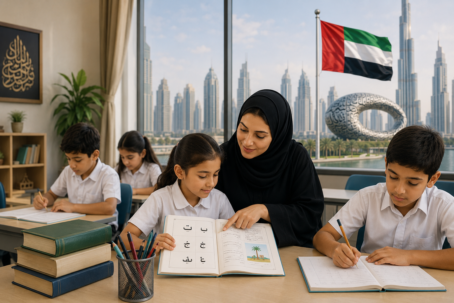 A teacher in a black hijab helps a girl read from an Arabic alphabet book at a classroom desk, with a UAE flag and city skyline visible outside the window.