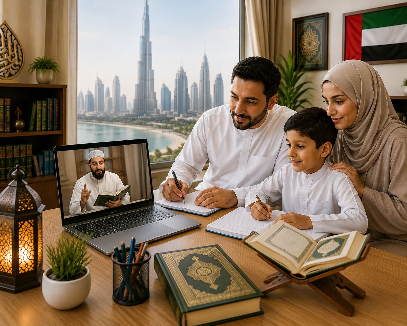 At-home family learning scene: father, mother, and son write in notebooks as a teacher appears on a laptop screen, with a Qur'an and Islamic books nearby and a Dubai skyline outside the window.