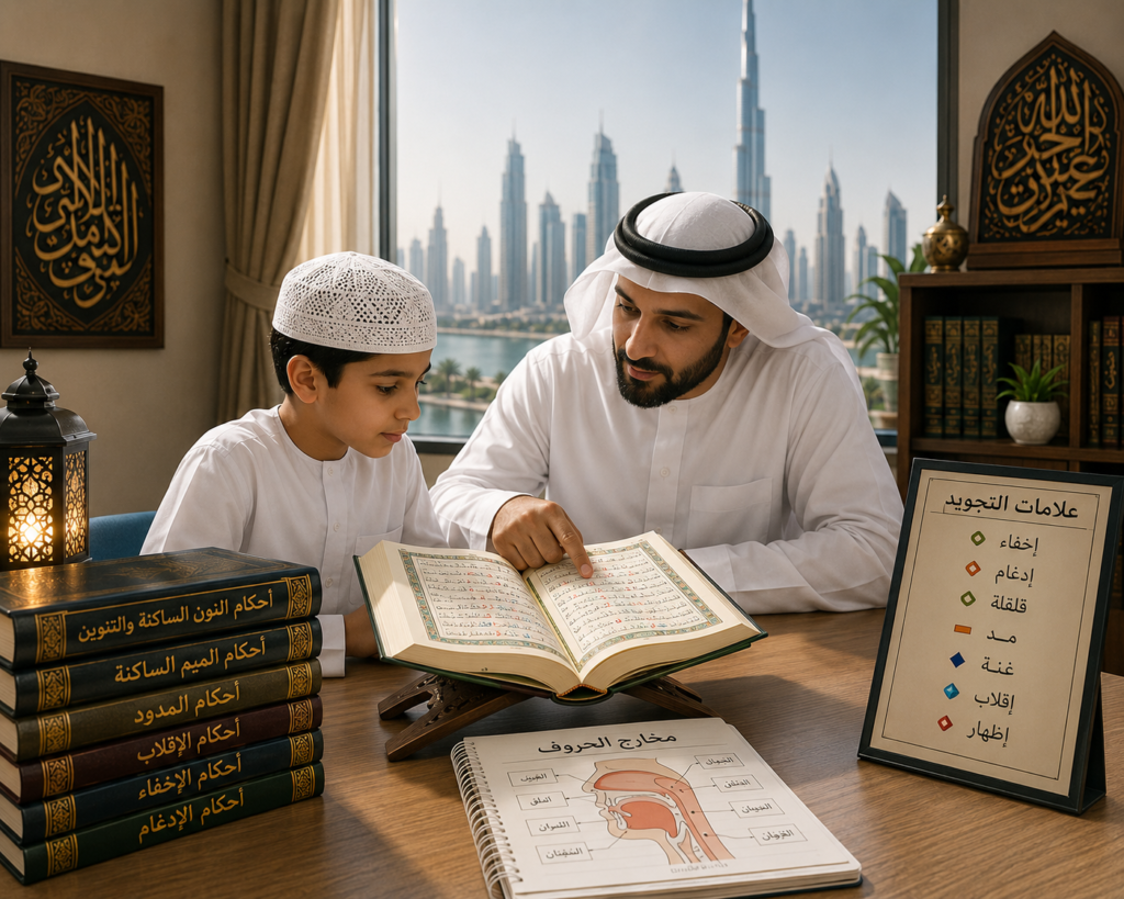Father and son in white traditional robes study the Quran together at a wooden table, with a city skyline visible through the window.