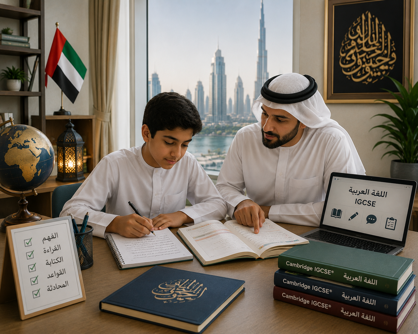 Man and boy in white thobes study Arabic at a desk with books, a globe, and a laptop showing IGCSE Arabic.