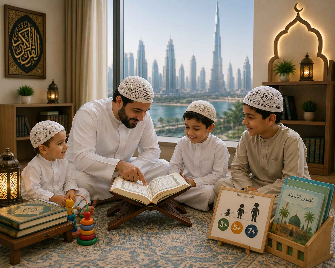 Father with three sons reading the Quran together in a prayer room, a city skyline visible through the window behind them.