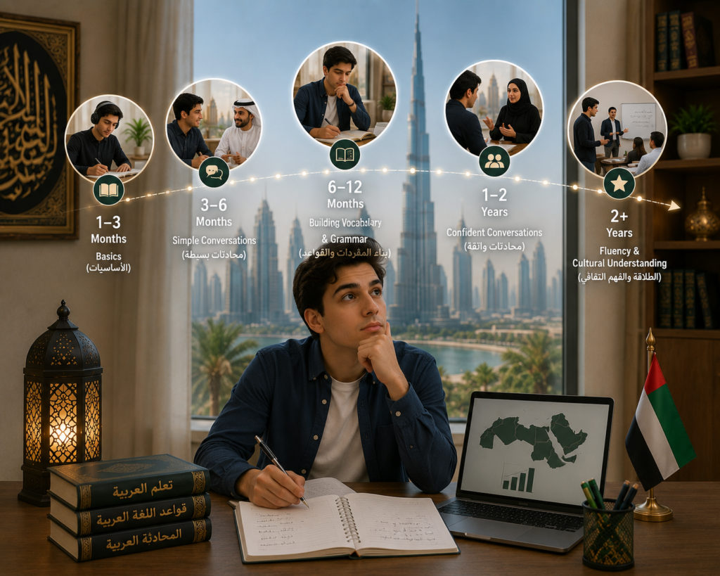 Student plans a language learning journey from 1–3 months to 2+ years, shown as milestone circles above the desk.