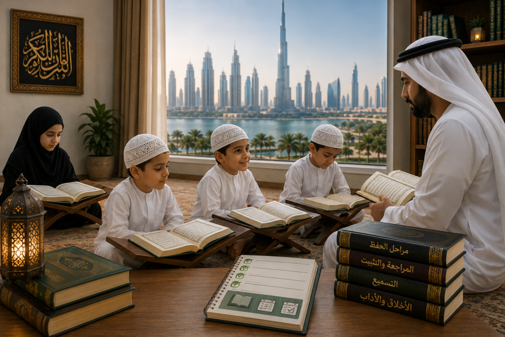 Teacher in white robes leads children in Quran study as they sit on the floor with wooden Quran stands, city skyline visible through the window.