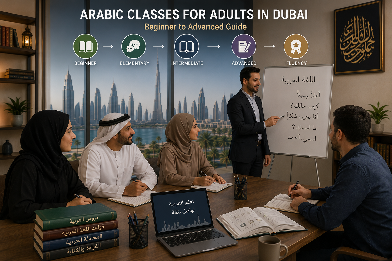 Adults in a modern Arabic class in Dubai, instructor writing on a whiteboard as students take notes with books and a laptop nearby.