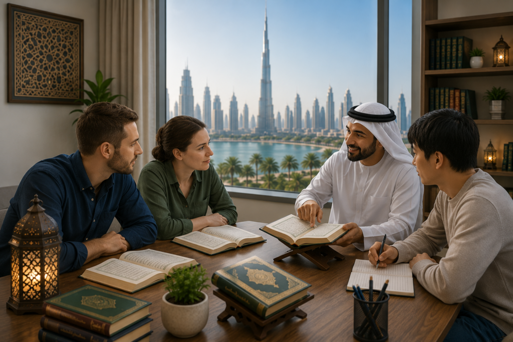 Four adults sit at a wooden table studying the Quran together; a man in a white kandura points to text on a stand, with the Dubai skyline visible through a large window behind them.