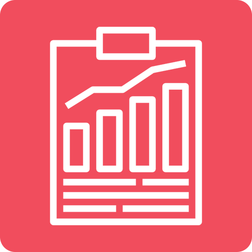 Clipboard with a white bar chart and a rising line on a red background, representing data analytics visual.