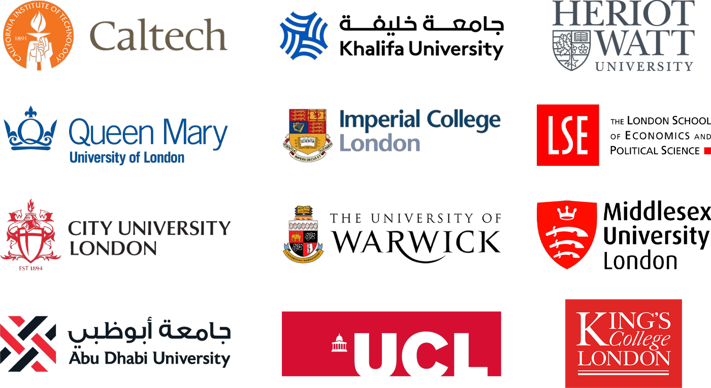 Collage of global university logos, including Caltech, Khalifa University, Heriot-Watt, Queen Mary, Imperial College London, LSE, City University London, Warwick, Middlesex University London, Abu Dhabi University, UCL, and King's College London