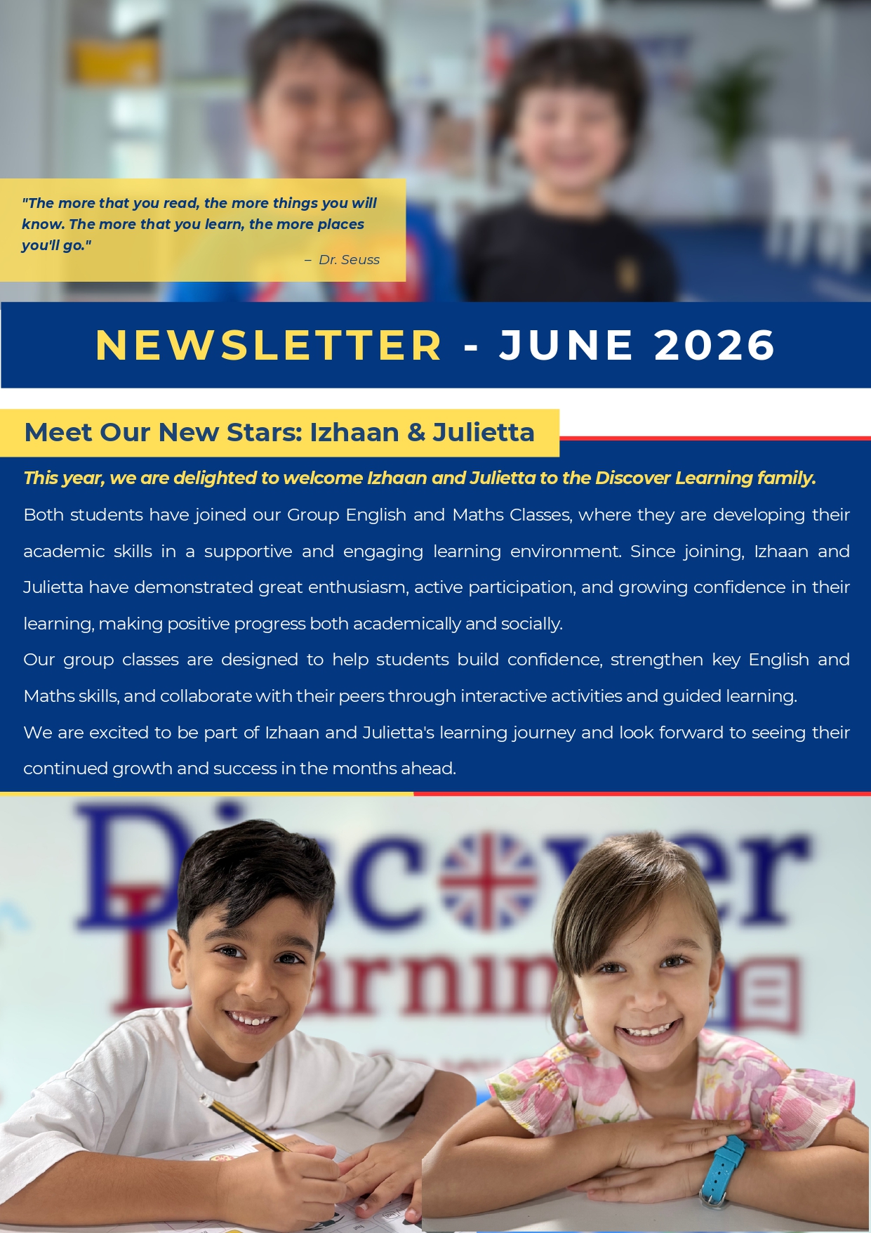 Two smiling children sit at a desk with a newsletter layout reading 'Newsletter - June 2026' and 'Meet Our New Stars: Izhaan & Julietta' on a blue banner and yellow accents.