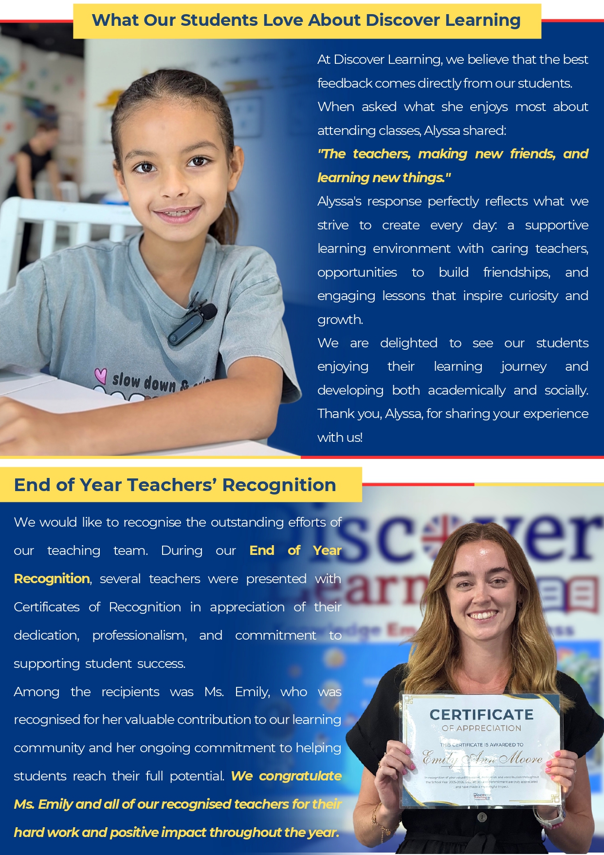 A smiling girl sits at a desk on the left in a classroom, with a blue text panel on the right containing quotes about Discover Learning and two yellow banners reading 'What Our Students Love About Discover Learning' (top) and 'End of Year Teachers’ Recognition' (bottom), plus a woman holding a certificate in the lower-right corner.