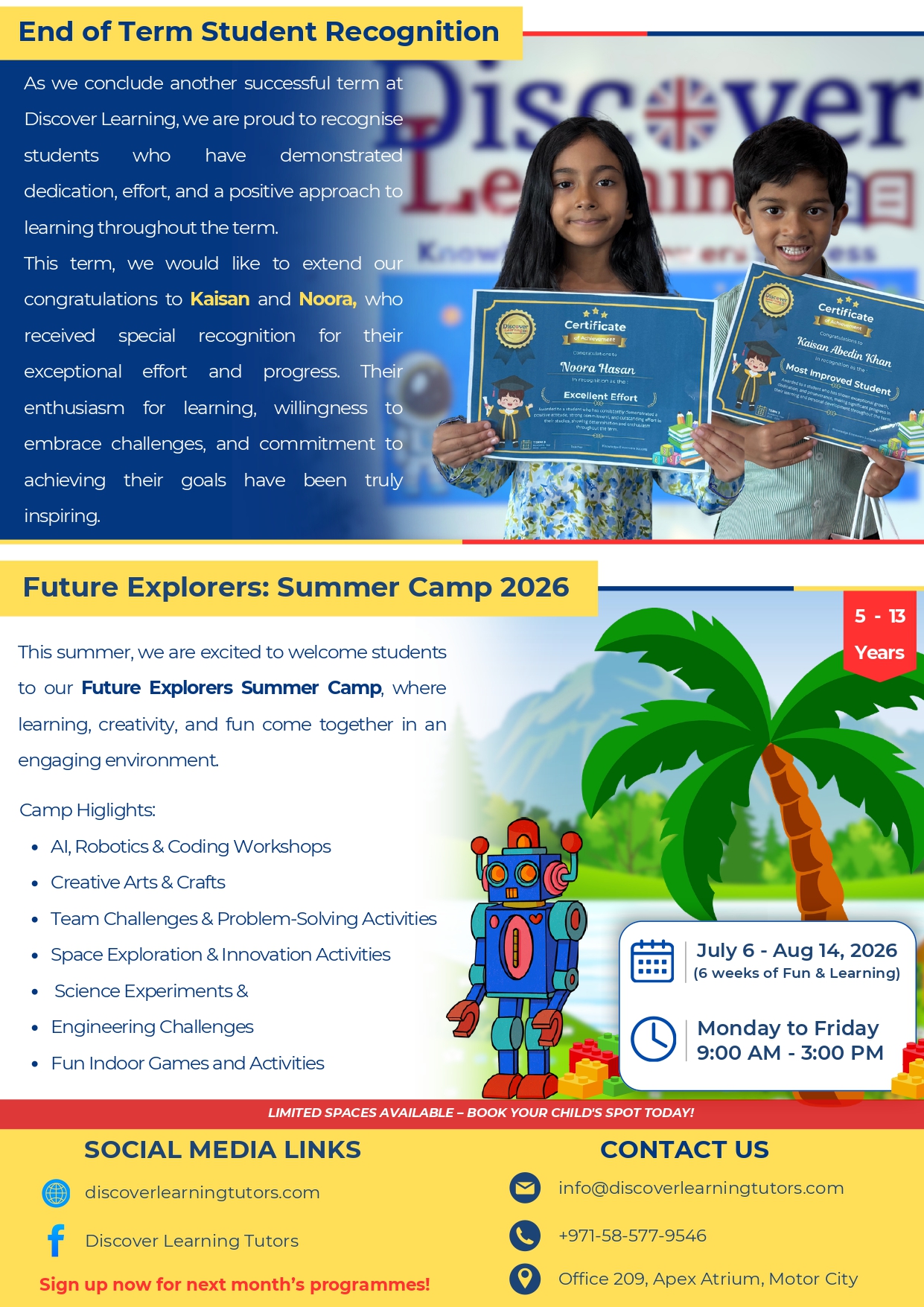 Two children proudly display certificates at a school awards banner reading 'End of Term Student Recognition' and 'Future Explorers Summer Camp 2026.'